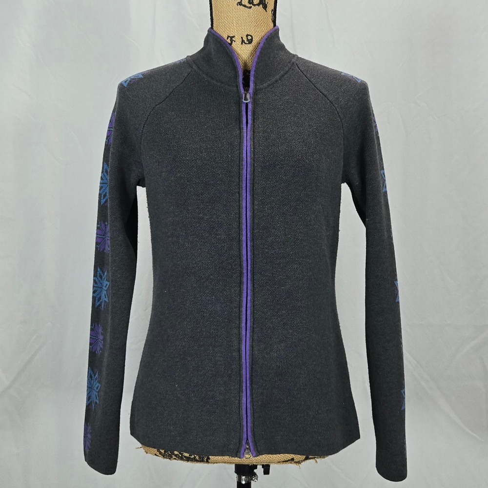 Eddie Bauer Sport Women M Zip Knit Jacket Charcoal Purple Alpine Prep